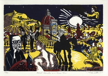 Phillip Garrett
'Relief Characters on a
Tuscan Tour'
Linocut 315mm x 445mm Phillip Garrett
'Relief Characters on a
Tuscan Tour'
Linocut 315mm x 445mm